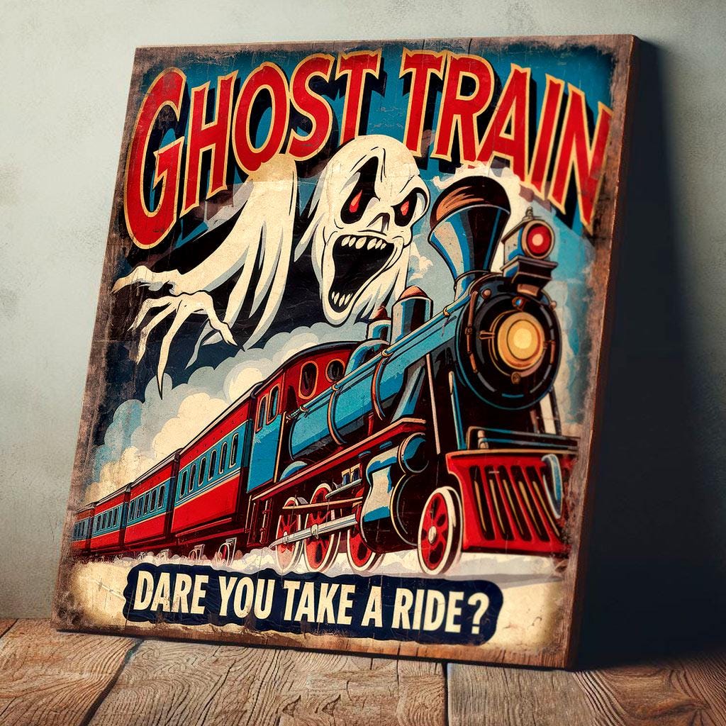 Ghost Train Sign Large 34cm Funfair Dare You Ride Wooden Spooky Wall Panel