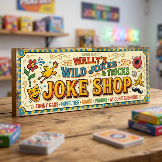 Wally's Wild Jokes and Tricks Joke Shop vintage wooden sign handmade on 18mm MDF with multi-coloured fairground lettering squirting flower chicken comedy mask and banana skin illustrations on distressed cream background with teal yellow chevron border freestanding on rustic wood surface