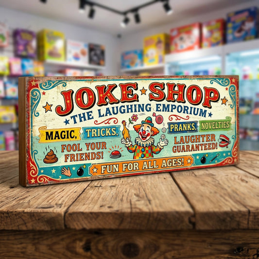 Joke Shop The Laughing Emporium vintage wooden sign handmade on 18mm MDF with clown illustration magic tricks pranks novelties coloured banner strips and fun for all ages on distressed cream fairground background freestanding on rustic wood surface