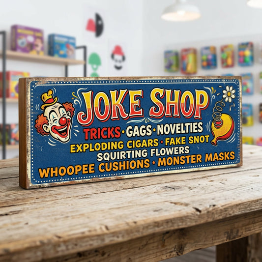 Joke Shop Tricks Gags Novelties Exploding Cigars Fake Snot Whoopee Cushions Monster Masks vintage wooden sign handmade on 18mm MDF with laughing clown face and party blower on deep cobalt blue distressed background freestanding on rustic wood surface