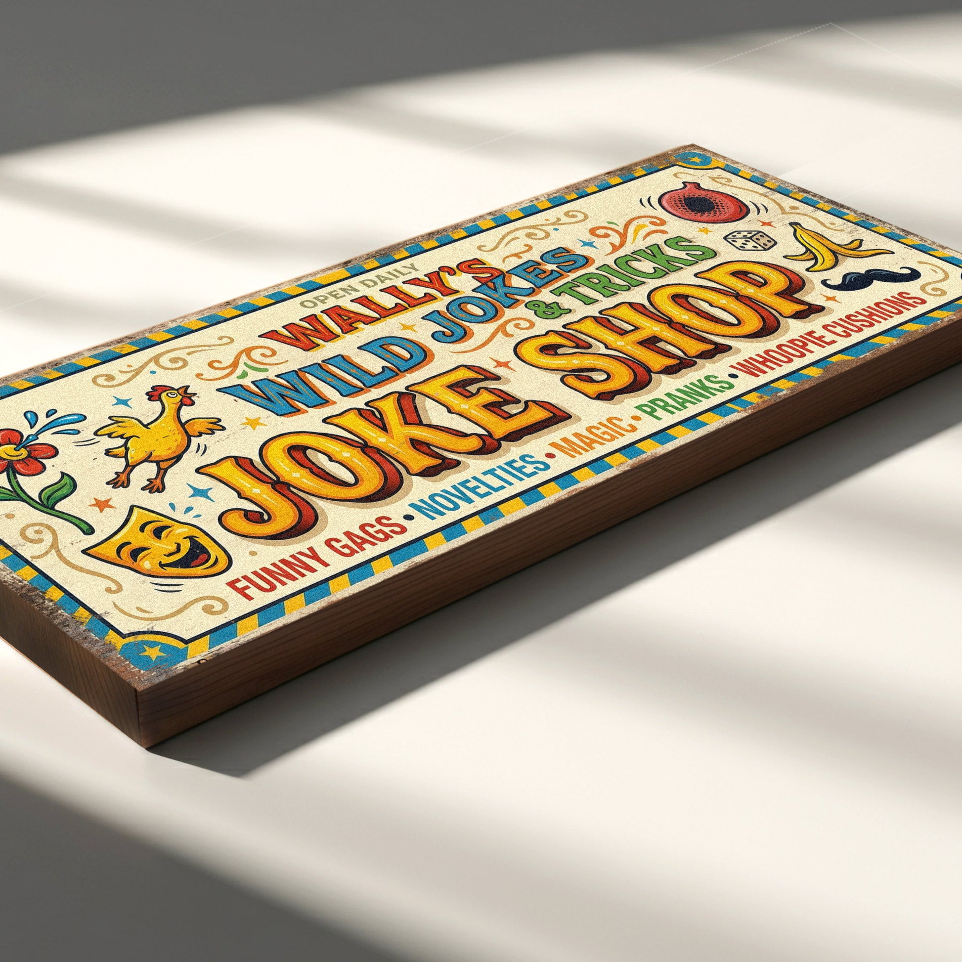 Wally's Wild Jokes and Tricks Joke Shop vintage wooden sign handmade on 18mm MDF with multi-coloured fairground lettering squirting flower chicken comedy mask and banana skin illustrations on distressed cream background with teal yellow chevron border freestanding on rustic wood surface