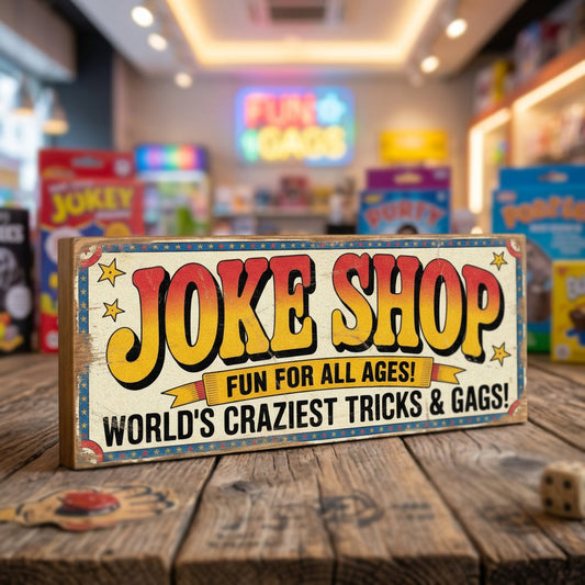 Joke Shop Fun For All Ages World's Craziest Tricks and Gags vintage wooden sign handmade on 18mm MDF with massive bold gradient yellow red lettering and gold ribbon banner on distressed cream background with teal star dot border freestanding on rustic wood surface