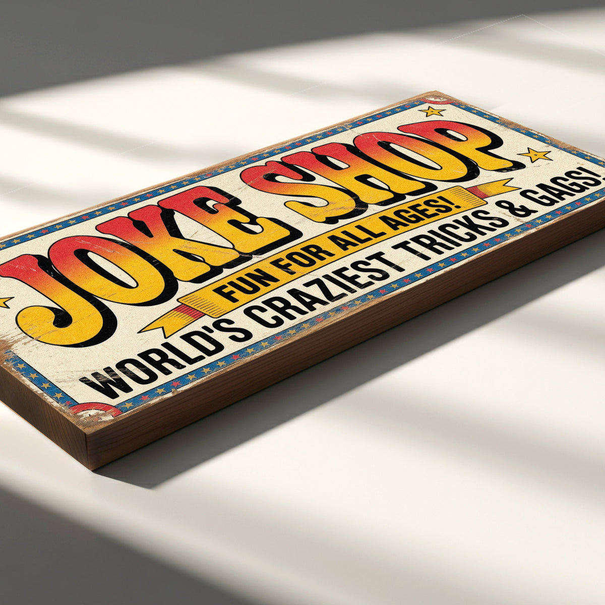 Joke Shop Fun For All Ages World's Craziest Tricks and Gags vintage wooden sign handmade on 18mm MDF with massive bold gradient yellow red lettering and gold ribbon banner on distressed cream background with teal star dot border freestanding on rustic wood surface
