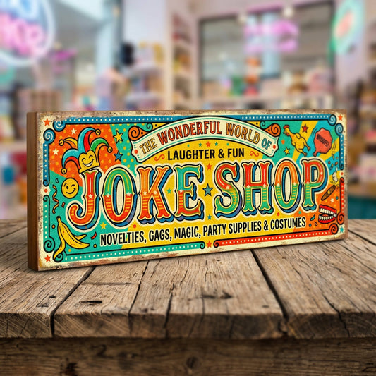 Joke Shop The Wonderful World of Laughter and Fun vintage wooden sign handmade on 18mm MDF with vibrant teal orange multi-coloured arched lettering jester banana skin and chattering teeth illustrations freestanding on rustic wood surface