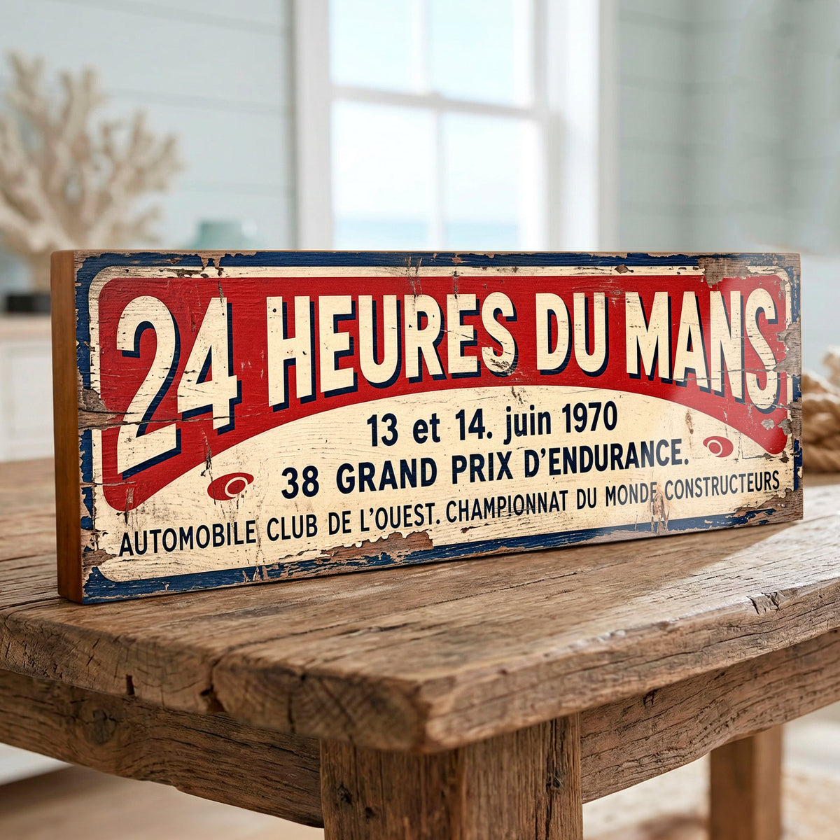 A rectangular vintage-style wooden sign reading “24 HEURES DU MANS” with distressed red, white, and blue paint, displayed on a rustic wooden table in a softly blurred indoor setting.