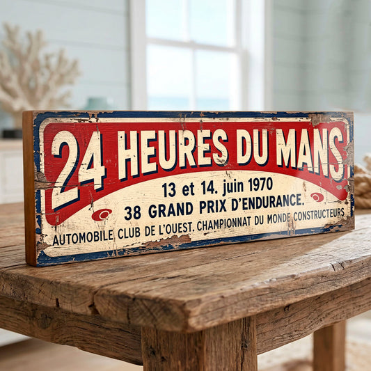 A rectangular vintage-style wooden sign reading “24 HEURES DU MANS” with distressed red, white, and blue paint, displayed on a rustic wooden table in a softly blurred indoor setting.