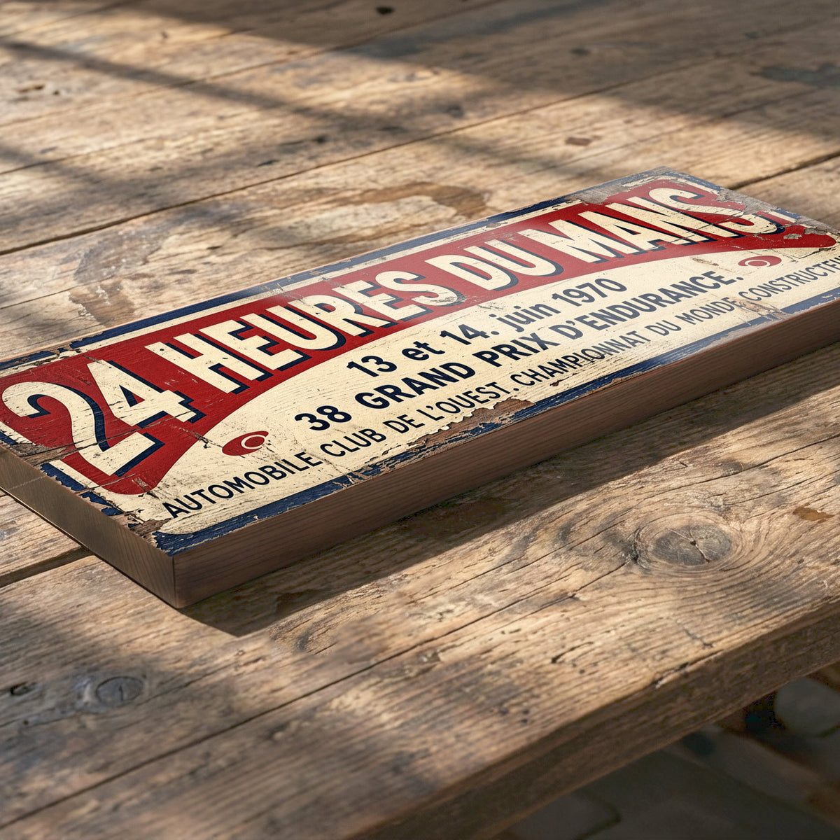 A rectangular wooden sign with a vintage racing design, reading '24 HEURES DU MARS' and '38 GRAND PRIX D'EDUANCE', placed diagonally on a rustic wooden table.