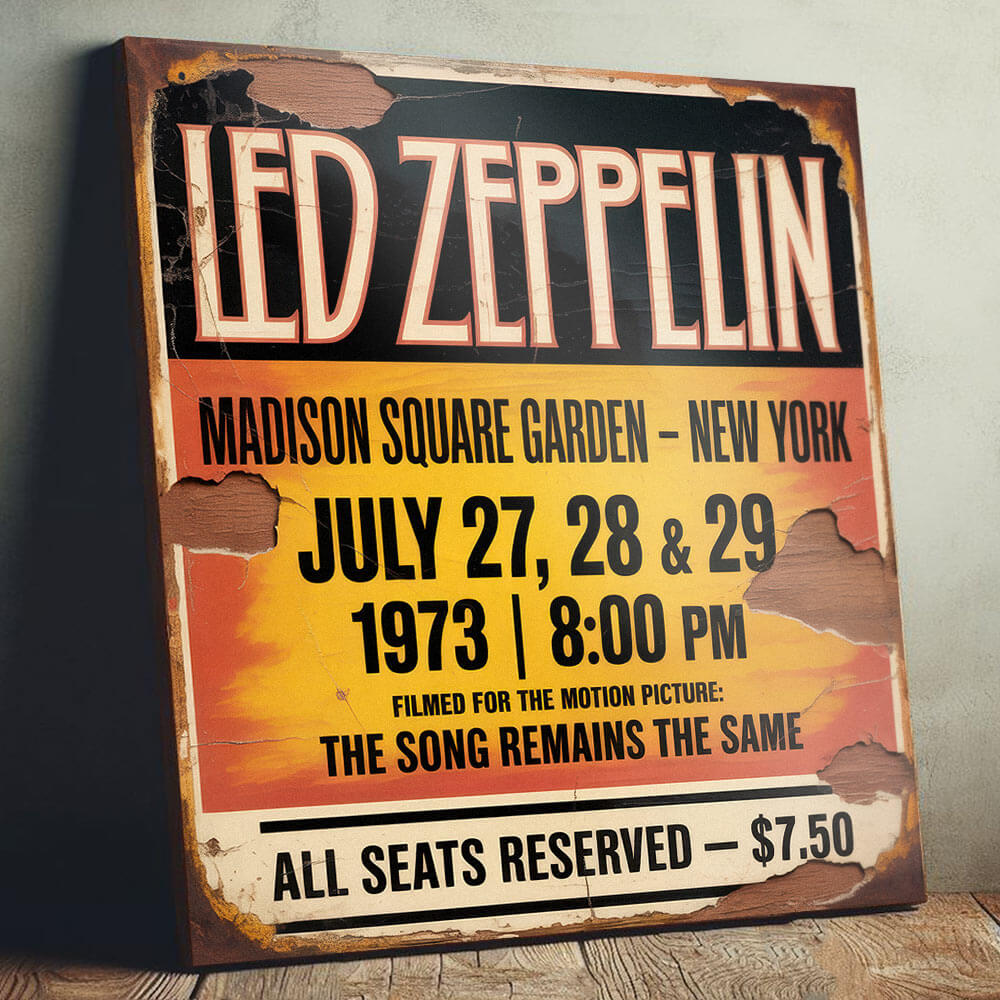 vintage-style concert sign on 12mm MDF for Led Zeppelin at Madison Square Garden, July 1973. Features a sunset-orange background with heavy integrated faux-rust, plaster cracks, and weathered wood effects.