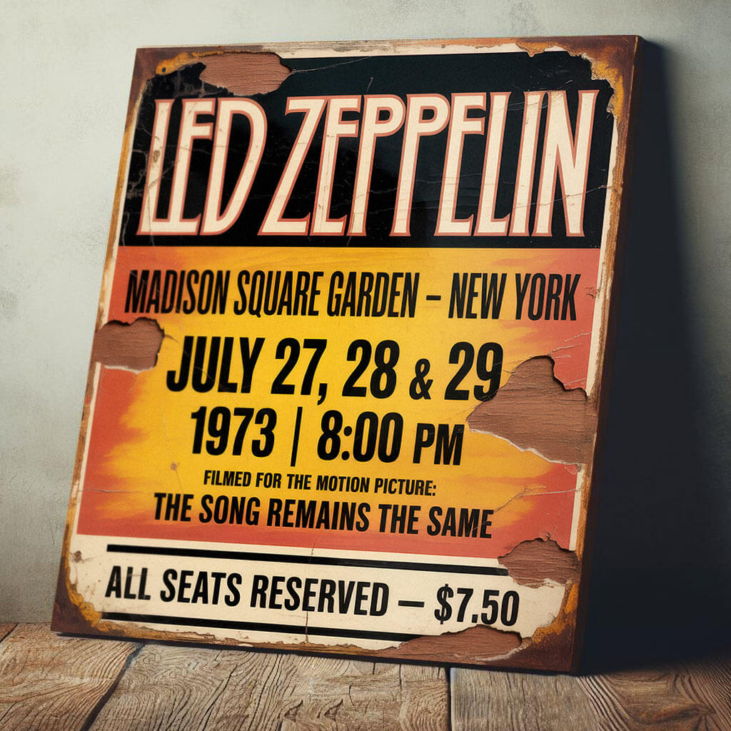 vintage-style concert sign on 12mm MDF for Led Zeppelin at Madison Square Garden, July 1973. Features a sunset-orange background with heavy integrated faux-rust, plaster cracks, and weathered wood effects.