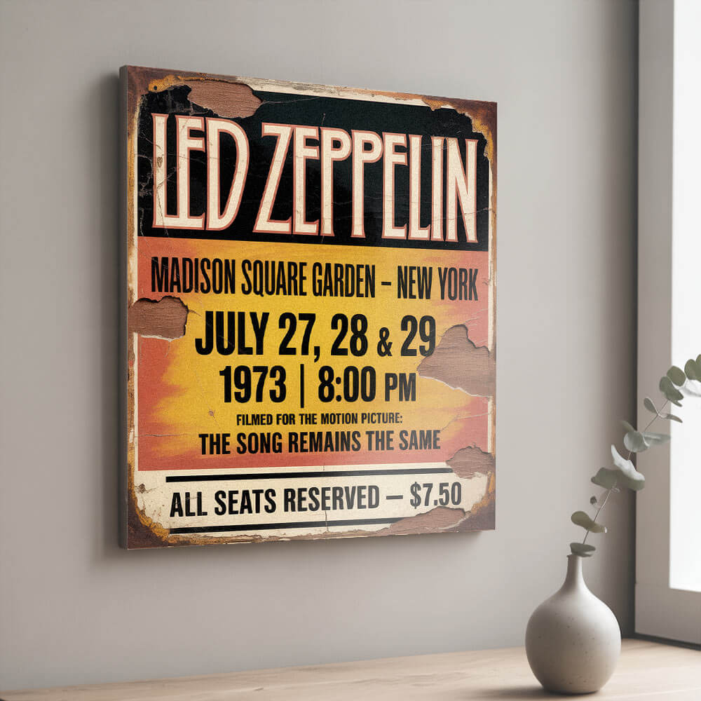 vintage-style concert sign on 12mm MDF for Led Zeppelin at Madison Square Garden, July 1973. Features a sunset-orange background with heavy integrated faux-rust, plaster cracks, and weathered wood effects.