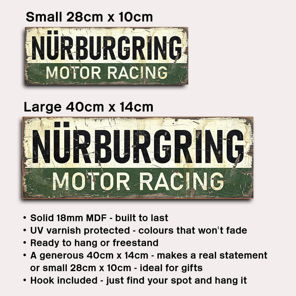 Two vintage-style Nürburgring Motor Racing wooden signs shown on a light gray background, labeled Small 28cm x 10cm and Large 40cm x 14cm, with bullet points listing product features below.