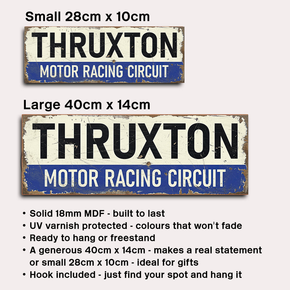 Two distressed metal signs reading 'THRUXTON MOTOR RACING CIRCUIT' shown on a light gray background, labeled Small 28cm x 10cm and Large 40cm x 14cm, with bullet points of features below.