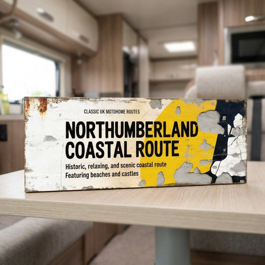 Rectangular vintage road sign for the Northumberland Coastal Route featuring historic beaches and castles text with a weathered retro aesthetic.