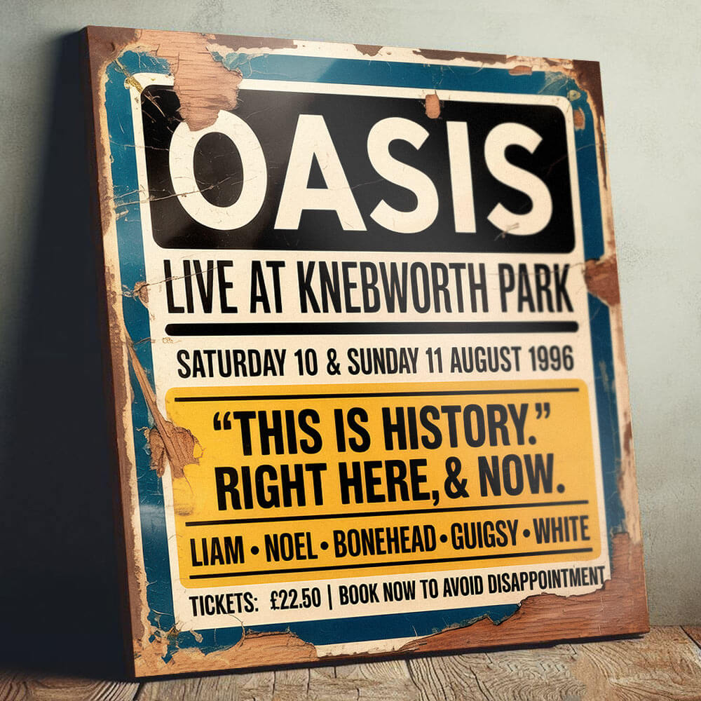 vintage-style concert sign on 12mm MDF for Oasis at Knebworth Park, August 1996. Features the "This Is History" quote and band lineup with heavy integrated faux-distressing, peeling paint, and weathered wood effects.