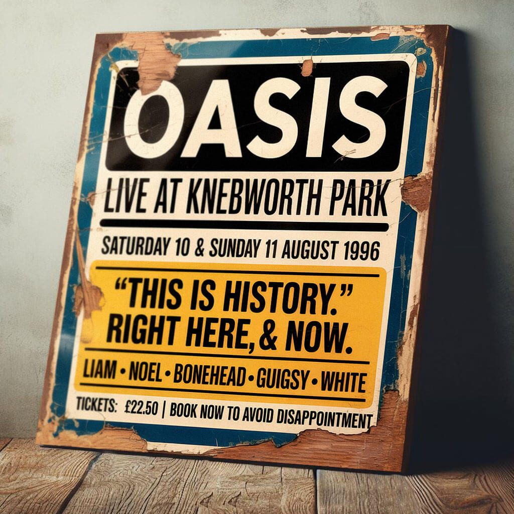 vintage-style concert sign on 12mm MDF for Oasis at Knebworth Park, August 1996. Features the "This Is History" quote and band lineup with heavy integrated faux-distressing, peeling paint, and weathered wood effects.