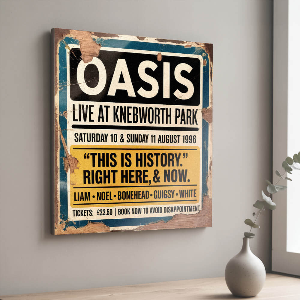 vintage-style concert sign on 12mm MDF for Oasis at Knebworth Park, August 1996. Features the "This Is History" quote and band lineup with heavy integrated faux-distressing, peeling paint, and weathered wood effects.