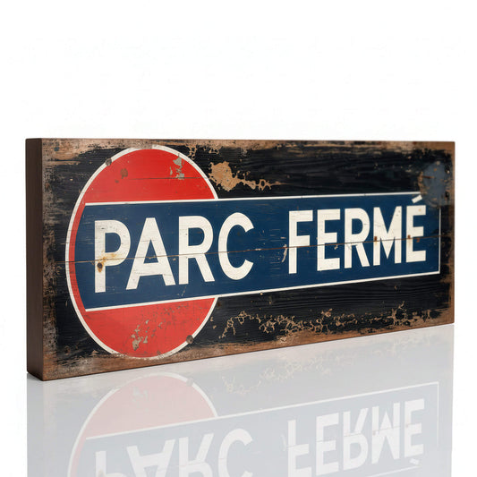 A wooden sign on 18mm MDF featuring the words "PARC FERMÉ" in white over a blue and red graphic. The design includes heavy faux-rust and weathering effects.