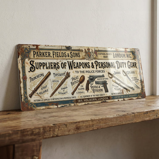 Parker Fields & Sons Suppliers of Weapons & Duty Gear Victorian Metal Sign