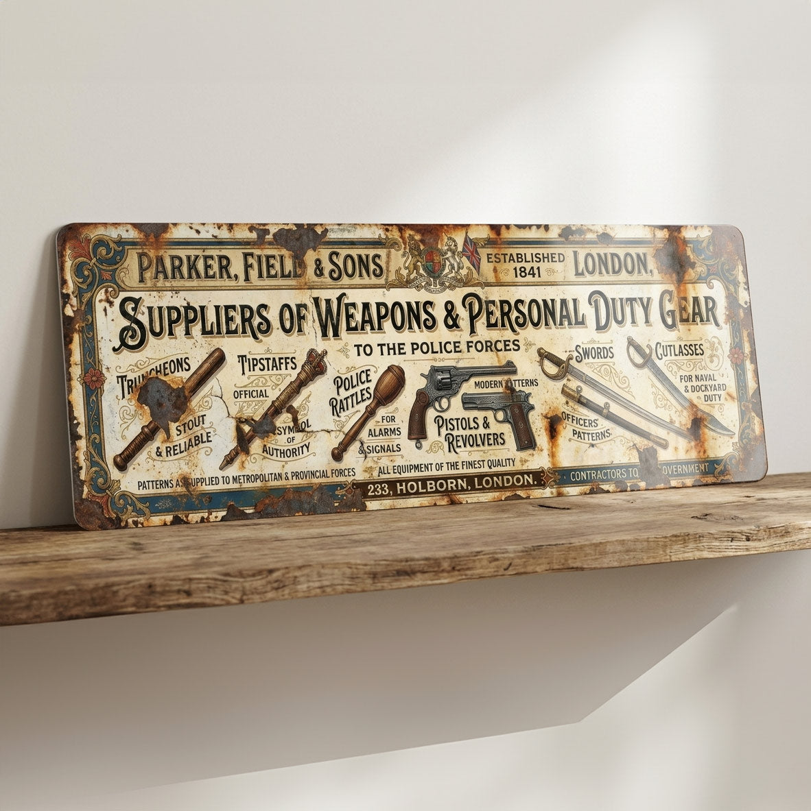 Parker Field & Sons Suppliers of Weapons & Duty Gear Victorian Metal Sign