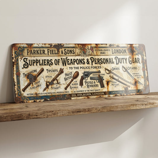 Parker Field & Sons Suppliers of Weapons & Duty Gear Victorian Metal Sign