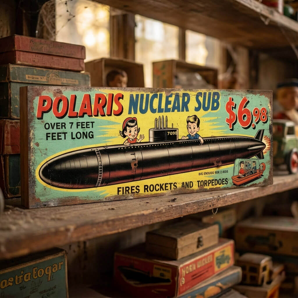 Rectangular vintage toy advert sign for the Polaris Nuclear Sub on 18mm MDF, featuring retro submarine graphics, a sunburst background, and heavy faux-distressed weathering.