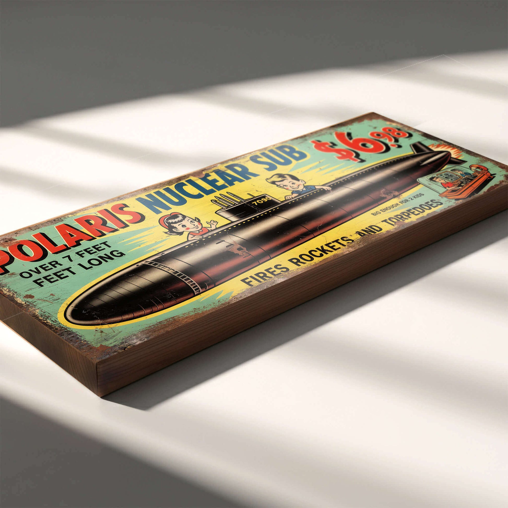 Rectangular vintage toy advert sign for the Polaris Nuclear Sub on 18mm MDF, featuring retro submarine graphics, a sunburst background, and heavy faux-distressed weathering.