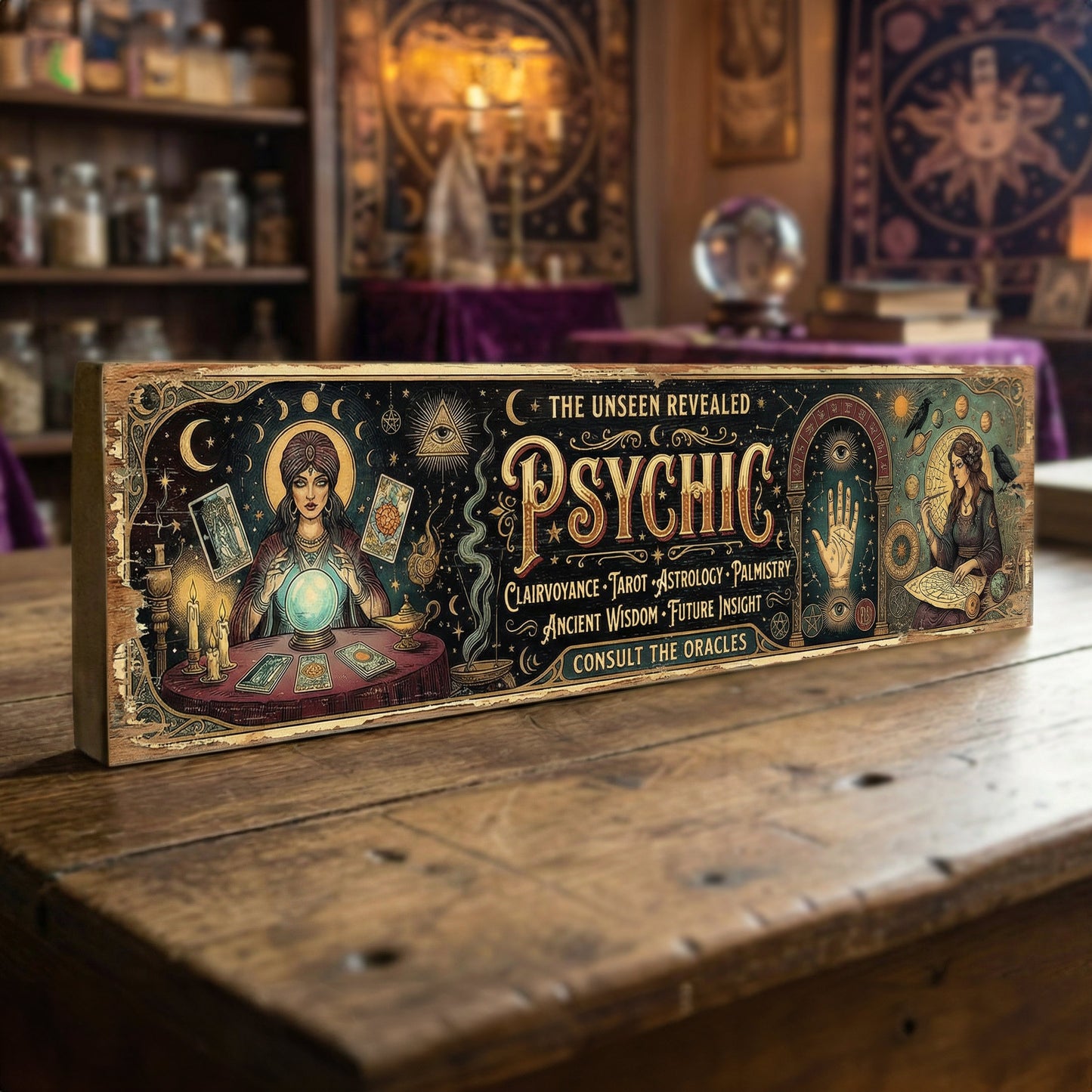 Psychic The Unseen Revealed vintage carnival wooden sign with fortune teller crystal ball tarot cards and palmistry hand