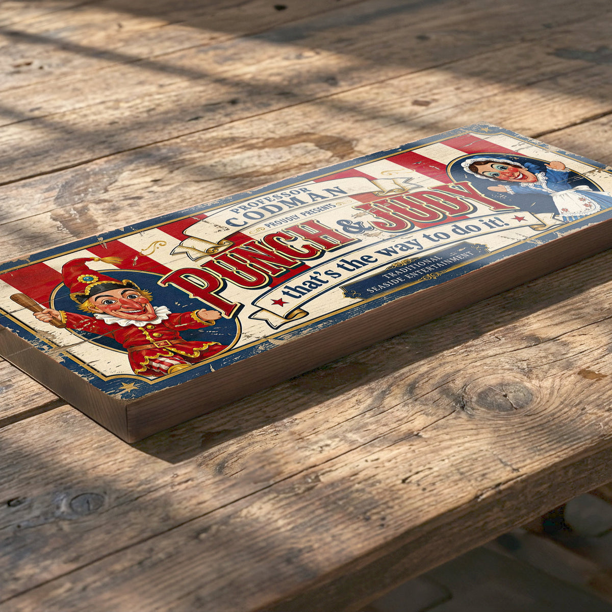 A rectangular wooden sign featuring a vintage circus-style illustration with the words 'Punch & Joo' and 'that's the way to do it!' lies on a rustic wooden table in warm sunlight.