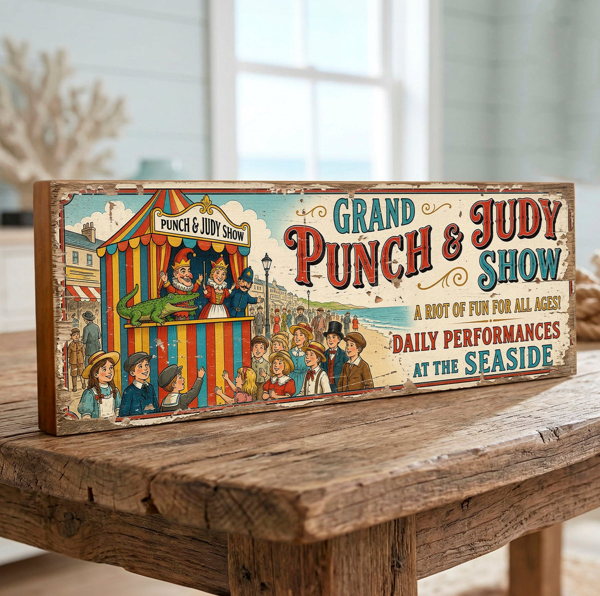 A rectangular wooden decorative sign with a colorful vintage carnival illustration and the text 'Grand Punch & Judy Show' and 'Daily Performances at the Seaside,' displayed on a rustic wooden table in an indoor setting.