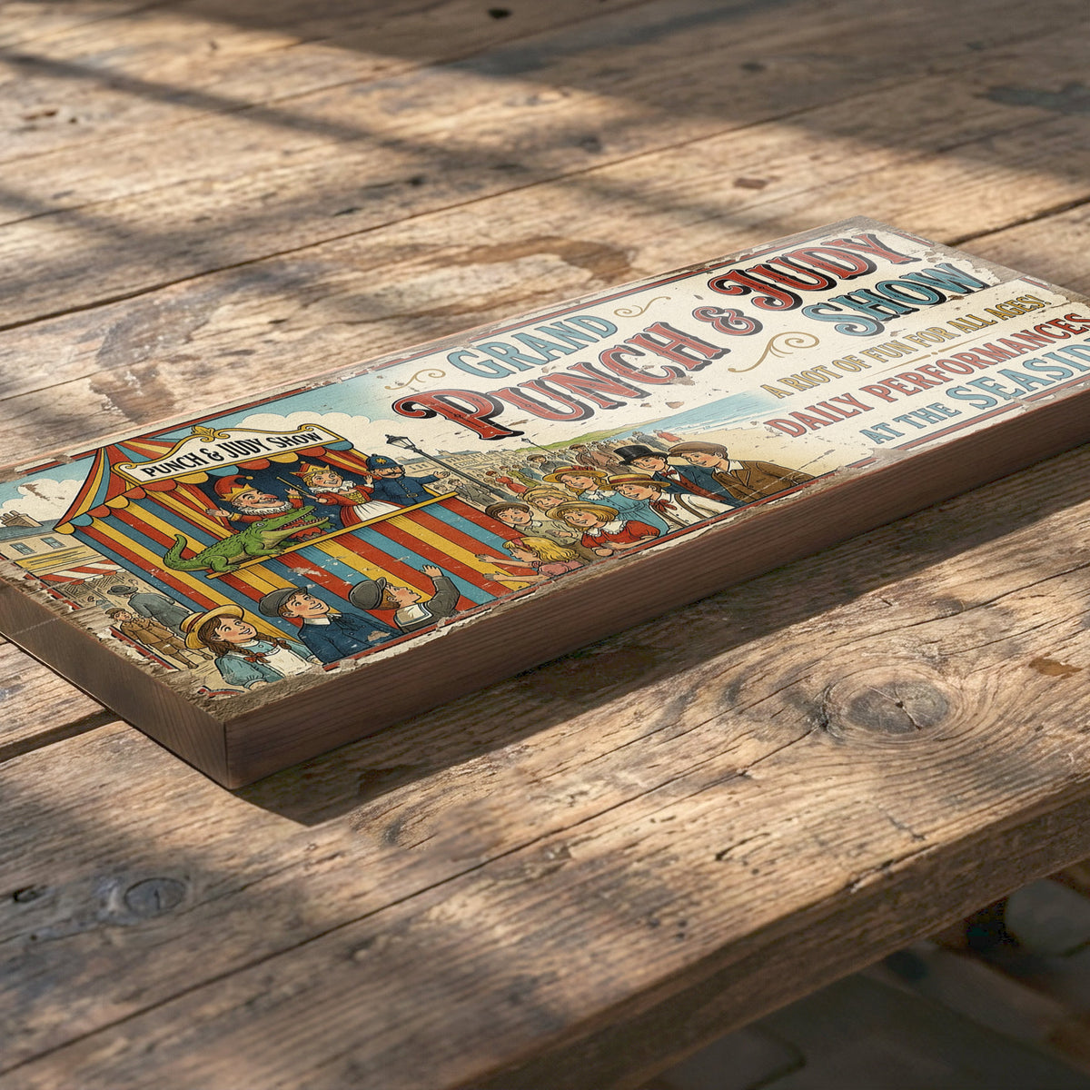 A rectangular wooden sign with vintage-style illustrated text reading 'Grand Punch & Judy Show' and 'Daily Performatory at 7 PM Season 4,' photographed resting on a rustic wooden table in warm natural light.
