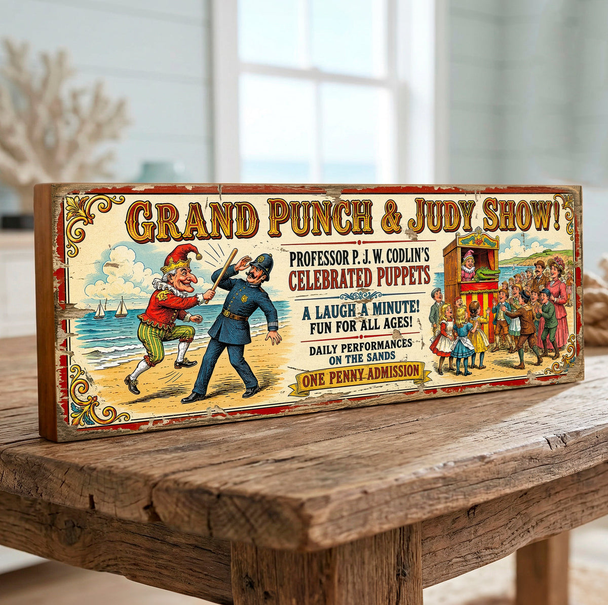 A rectangular vintage-style wooden sign reading “Grand Punch & Judy Show!” with colorful illustrated puppets and theatrical scenes, displayed on a rustic wooden table in a softly blurred indoor setting.