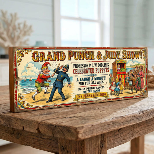 A rectangular vintage-style wooden sign reading “Grand Punch & Judy Show!” with colorful illustrated puppets and theatrical scenes, displayed on a rustic wooden table in a softly blurred indoor setting.