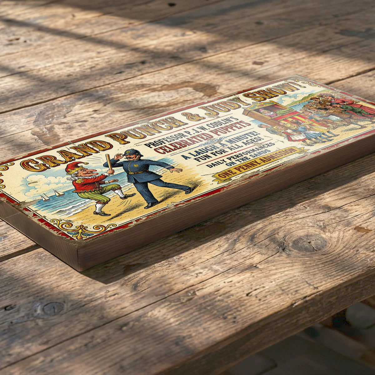 A rectangular wooden sign with a vintage gambling advertisement design, placed diagonally on a rustic wooden table.