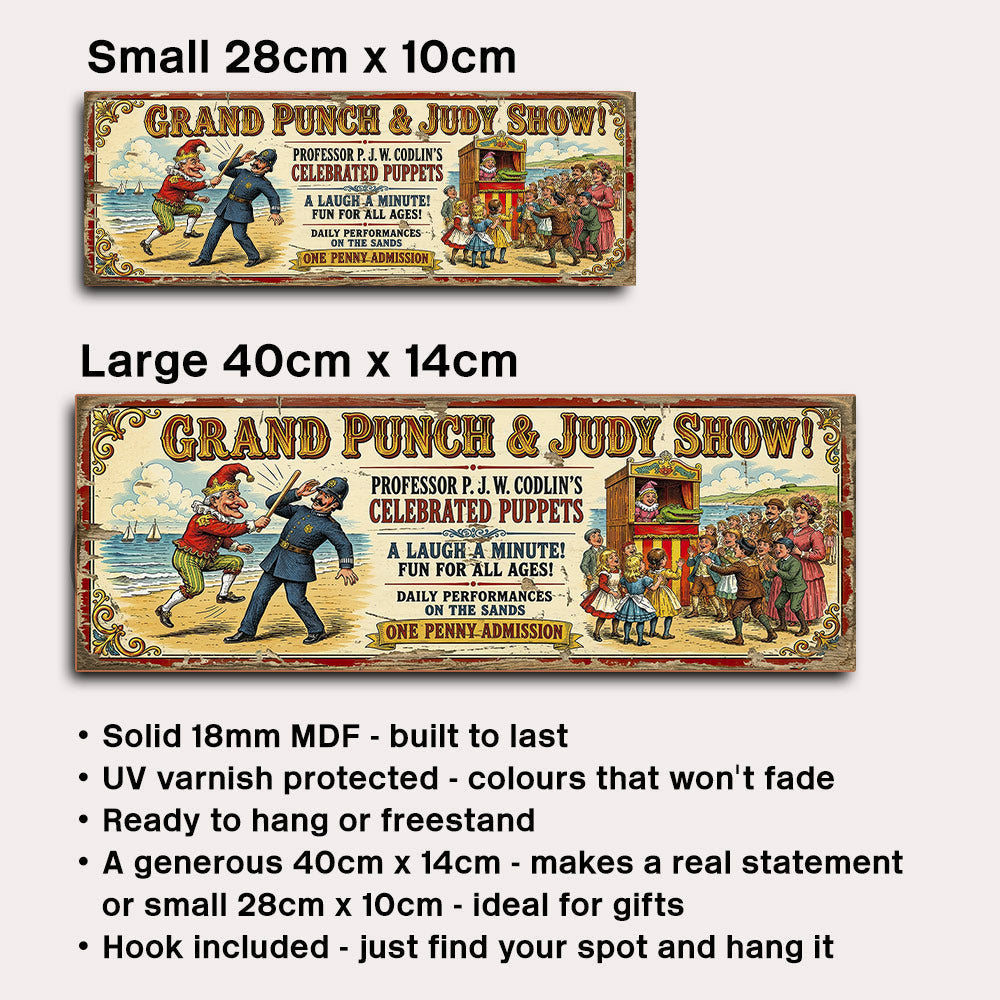 A product listing graphic showing two vintage-style poster prints labeled Small 28cm x 10cm and Large 40cm x 14cm, with descriptive text below about dimensions, UV protection, and included hook. The posters depict a colorful theatrical scene with people and puppets under the title 'Grand Punch & Judy Show!'.
