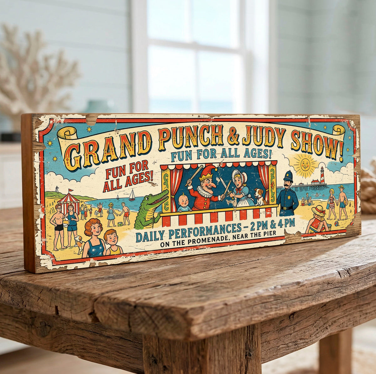 A rustic rectangular wooden sign with a vintage circus-style illustration and the text 'Grand Punch & Judy Show! Fun for All Ages!' displayed on a wooden table in a bright indoor setting.