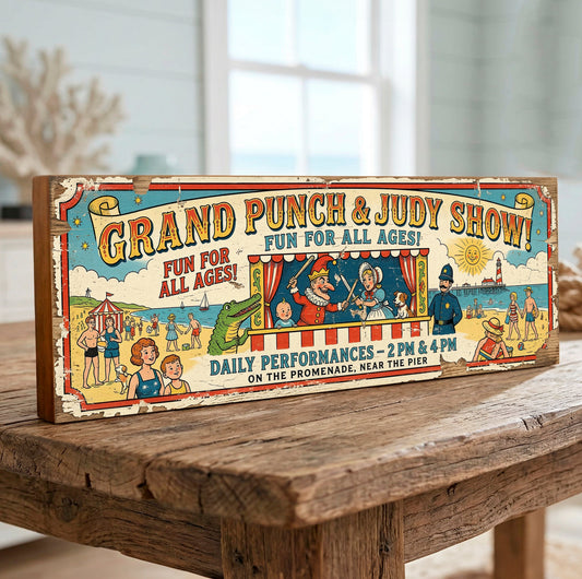 A rustic rectangular wooden sign with a vintage circus-style illustration and the text 'Grand Punch & Judy Show! Fun for All Ages!' displayed on a wooden table in a bright indoor setting.
