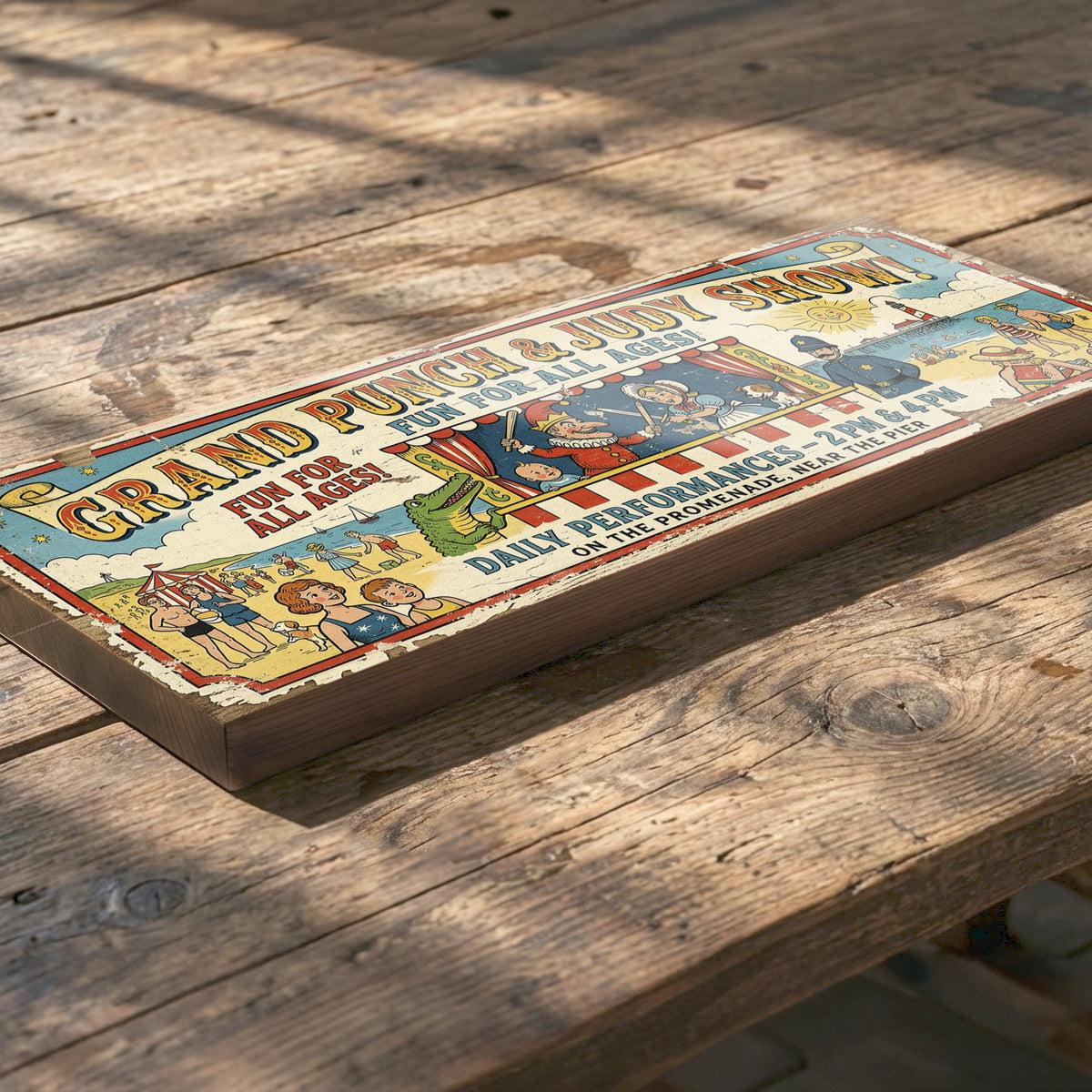 A rectangular wooden sign featuring a vintage-style colorful poster design reading 'Grand Punch & Judy Show' and 'The Philadelphia Amateur Dramatic Society,' displayed on a rustic wooden table in natural sunlight.