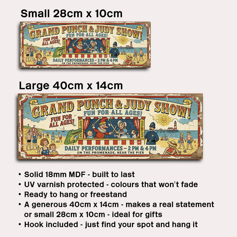 A product listing graphic showing two versions of a rectangular MDF wall sign with the text 'GRAND PUNCH & JUDY SHOW! FUN FOR ALL AGES!' in different sizes: Small 28cm x 10cm and Large 40cm x 14cm. The sign has a vintage circus-style illustration with colorful characters and scenery.
