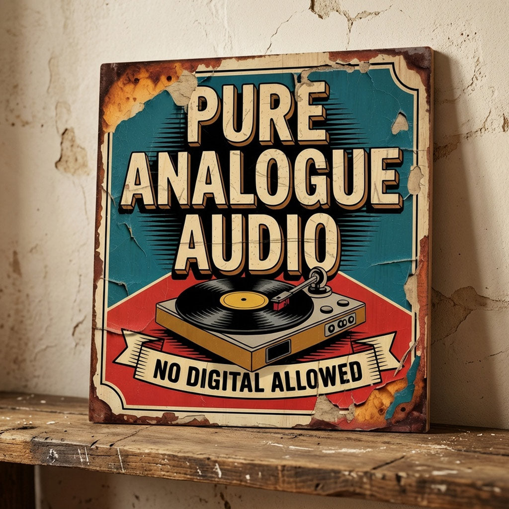 A square 31cm x 31cm vintage-style music sign on 9mm MDF with a turntable graphic and "PURE ANALOGUE AUDIO" text. Features realistic integrated faux-flaking paint and rusted textures.