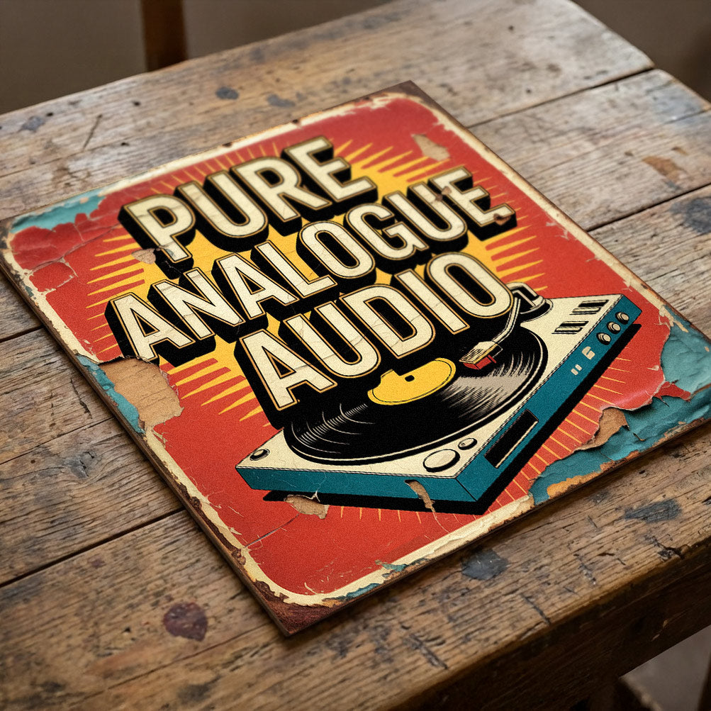 A square 31cm x 31cm vintage-style music sign on 9mm MDF with a retro turntable graphic and "PURE ANALOGUE AUDIO" text. The design features a red sunburst background and heavy integrated faux-flaking paint and weathering.