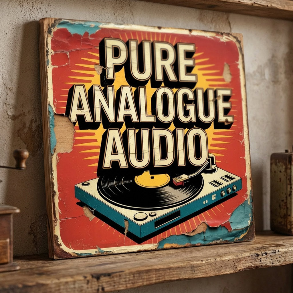 A square 31cm x 31cm vintage-style music sign on 9mm MDF with a retro turntable graphic and "PURE ANALOGUE AUDIO" text. The design features a red sunburst background and heavy integrated faux-flaking paint and weathering.