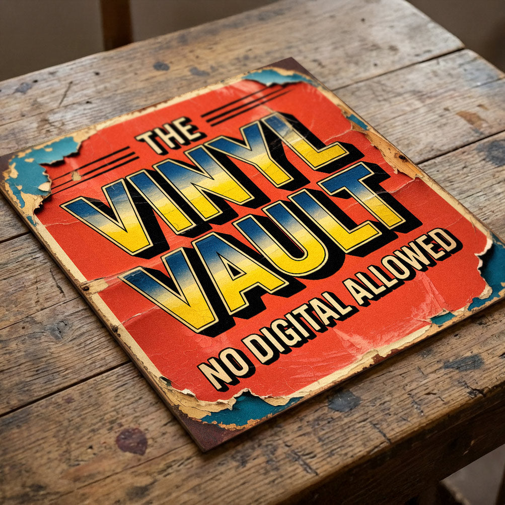 A square 31cm x 31cm vintage-style music sign on 9mm MDF with "THE VINYL VAULT" in gradient lettering. The design features a red background, "No Digital Allowed" text, and heavy integrated faux-flaking paint and weathering.