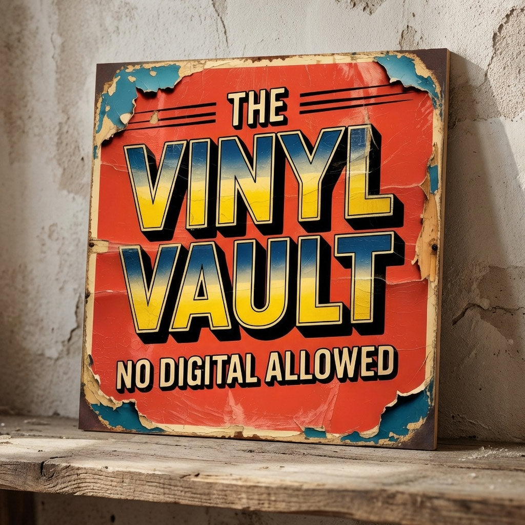 A square 31cm x 31cm vintage-style music sign on 9mm MDF with "THE VINYL VAULT" in gradient lettering. The design features a red background, "No Digital Allowed" text, and heavy integrated faux-flaking paint and weathering.