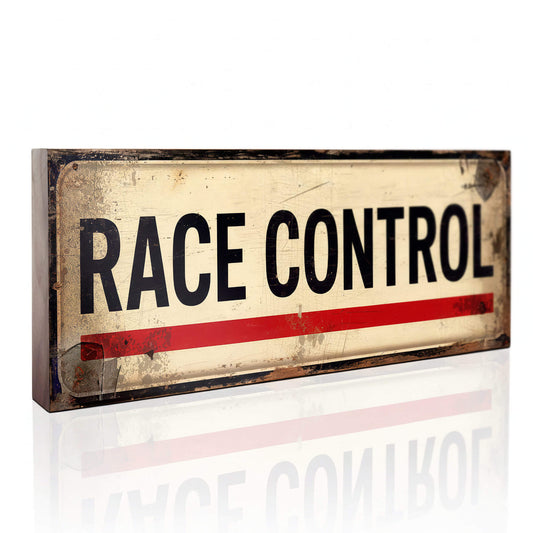 A rectangular cream sign with "RACE CONTROL" in bold black letters and a red horizontal stripe. The design features heavy faux-weathering and aged textures on a thick 18mm MDF base.