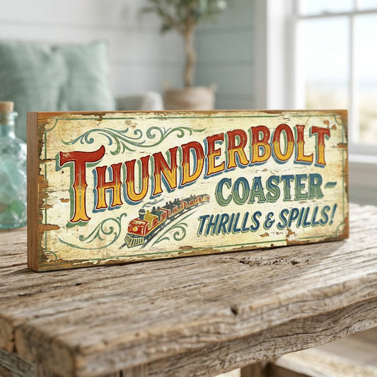 Thunderbolt Coaster Thrills & Spills Vintage Fairground Sign