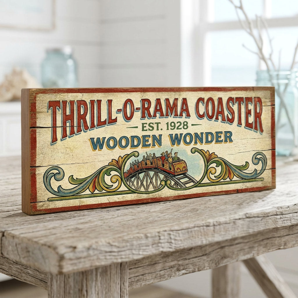 Thrill-O-Rama Coaster Wooden Wonder Vintage Fairground Sign