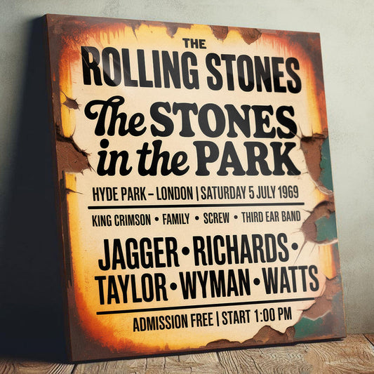 vintage-style concert sign on 12mm MDF for The Rolling Stones in the Park, July 1969. Features bold black typography on a cream and orange background with heavy integrated faux-rust and cracked wall effects.