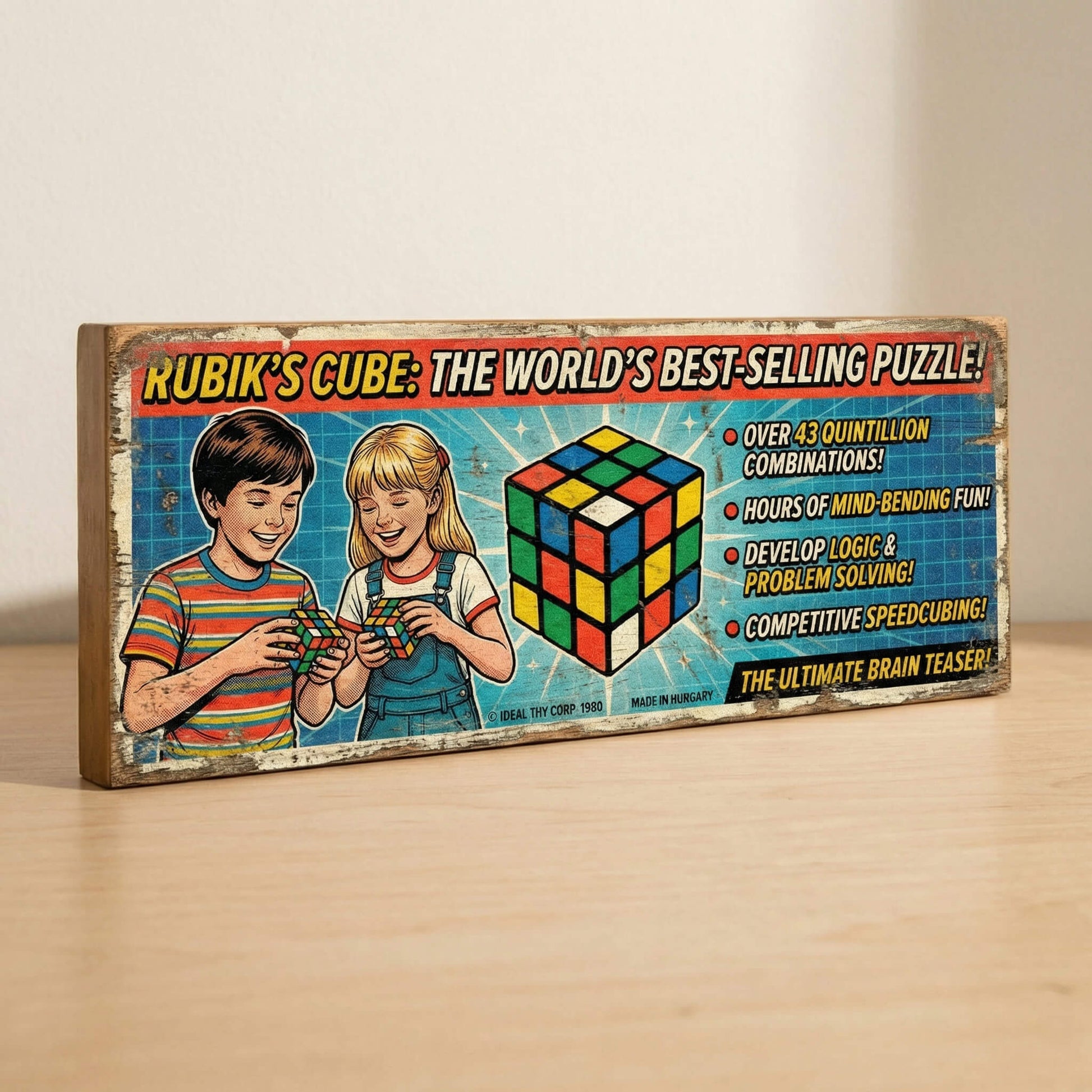 Rubik's Cube retro vintage toy advert wooden sign handmade on 18mm MDF with colourful distressed finish, freestanding on a light wood shelf