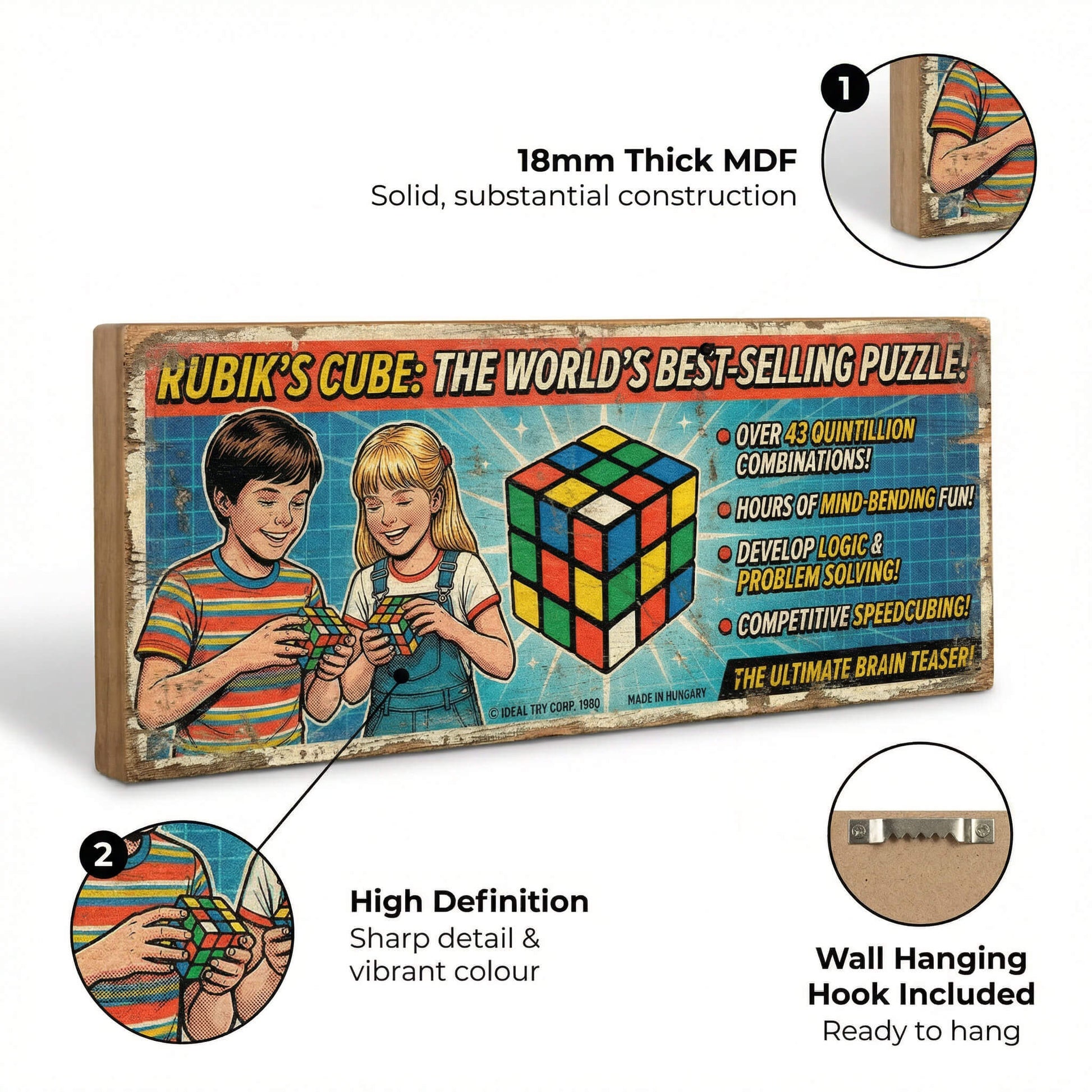 Rubik's Cube retro vintage toy advert wooden sign handmade on 18mm MDF with colourful distressed finish, freestanding on a light wood shelf