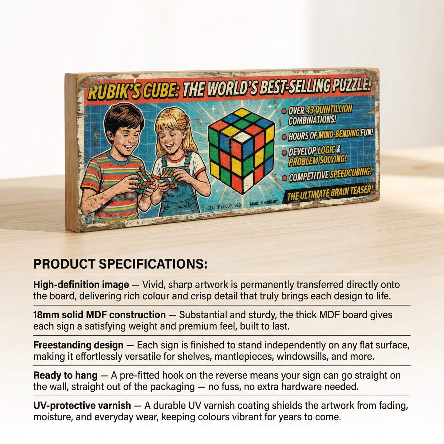 Rubik's Cube retro vintage toy advert wooden sign handmade on 18mm MDF with colourful distressed finish, freestanding on a light wood shelf